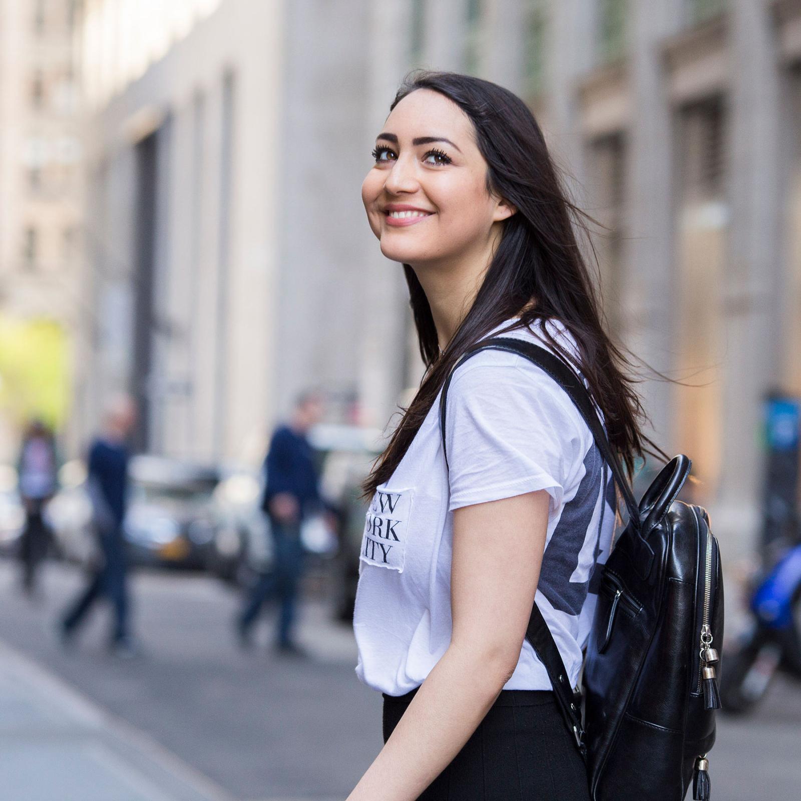 Female Pace student walking in Manhattan