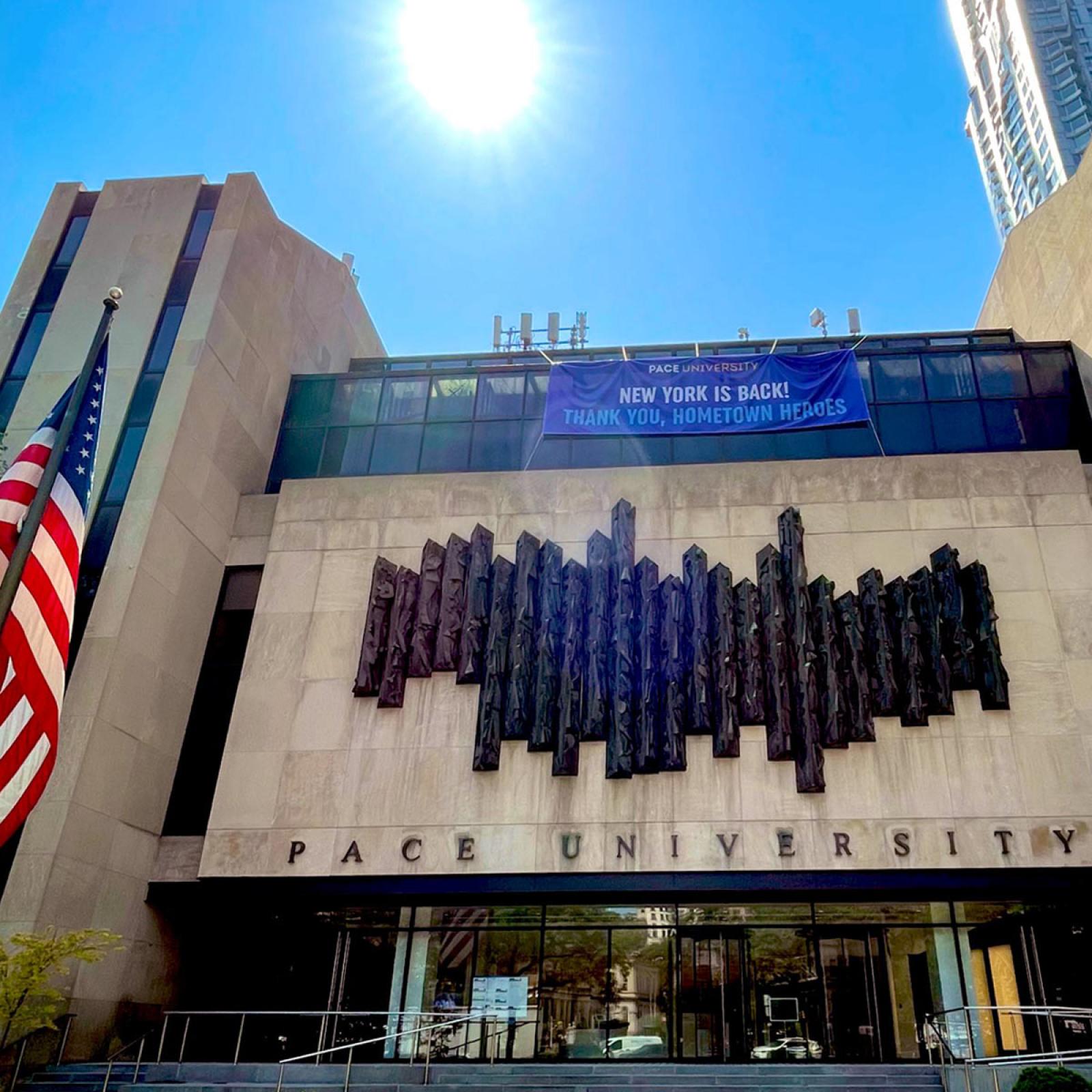 one pace plaza with a banner