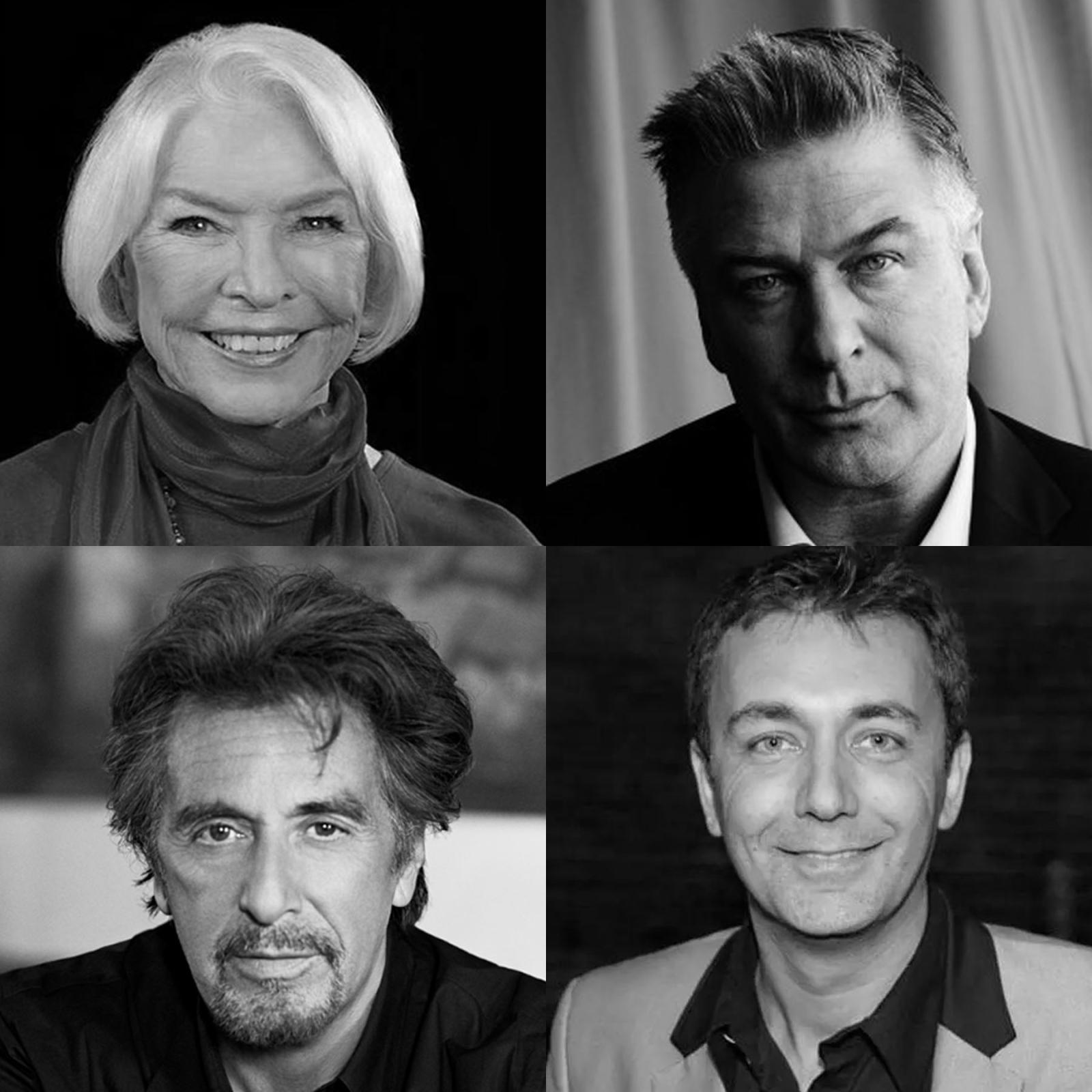 Square split into quadrants with Ellen Burstyn, Alec Baldwin, Al Pacino, and Ion-Cosmin Chivu