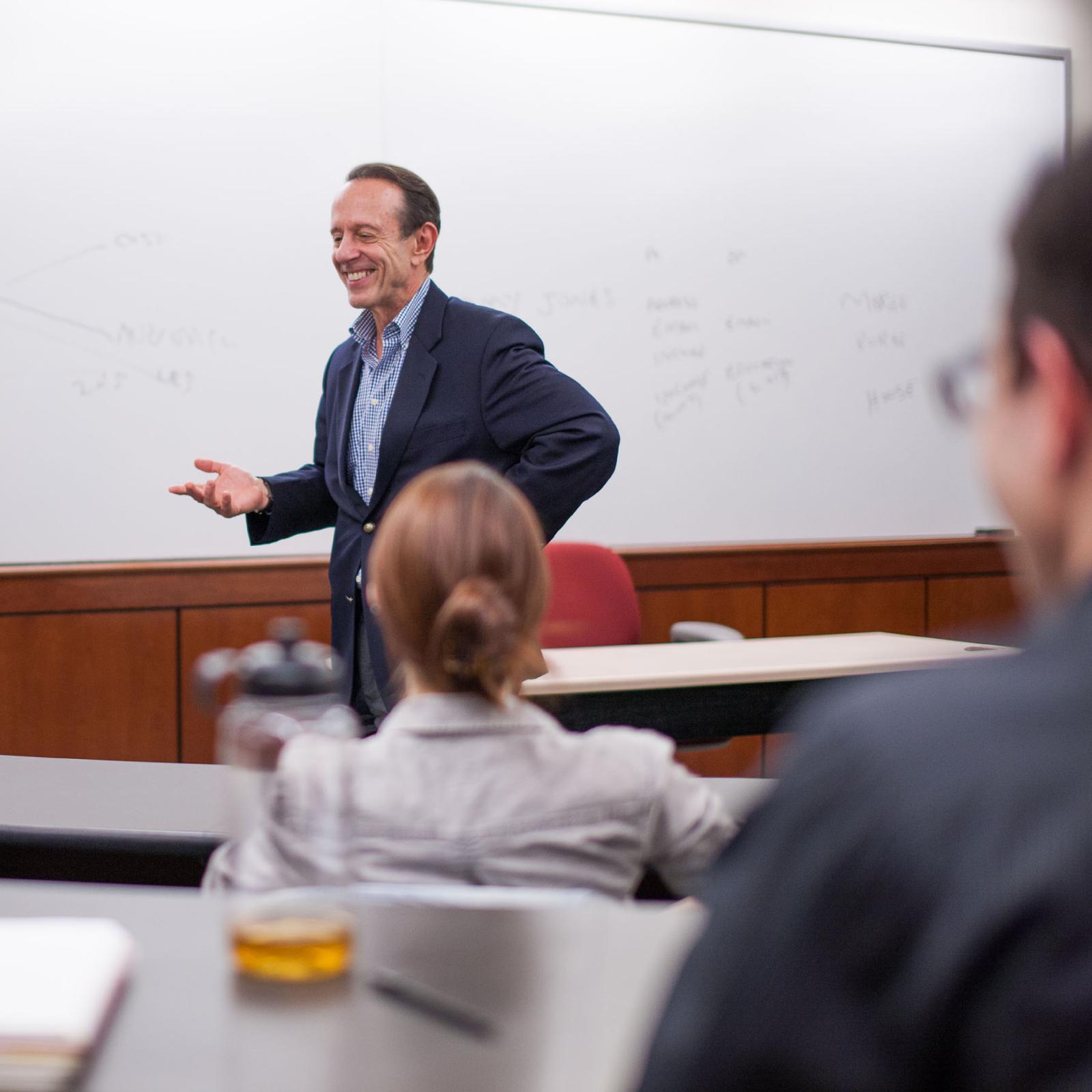 Lubin marketing professor Larry Chiagouris teaching in a classroom at One Pace Plaza, New York City Campus