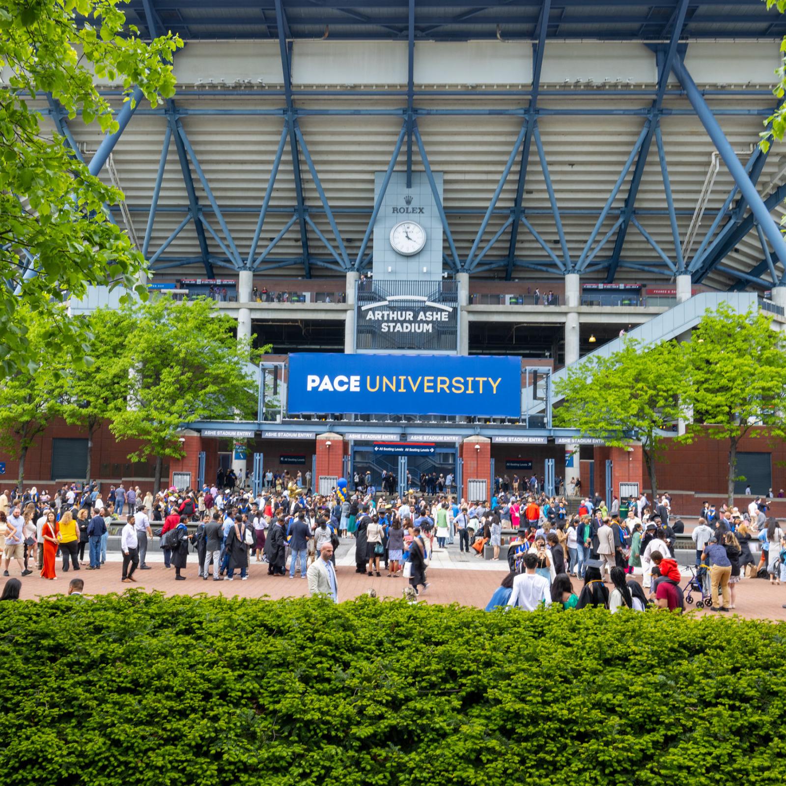 Pace University students and families arriving at the 2022 Commencement ceremonies.