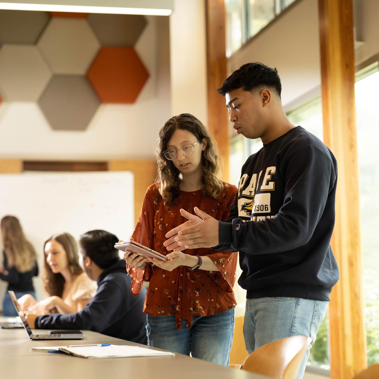 Two Pace students discussing work in a study area