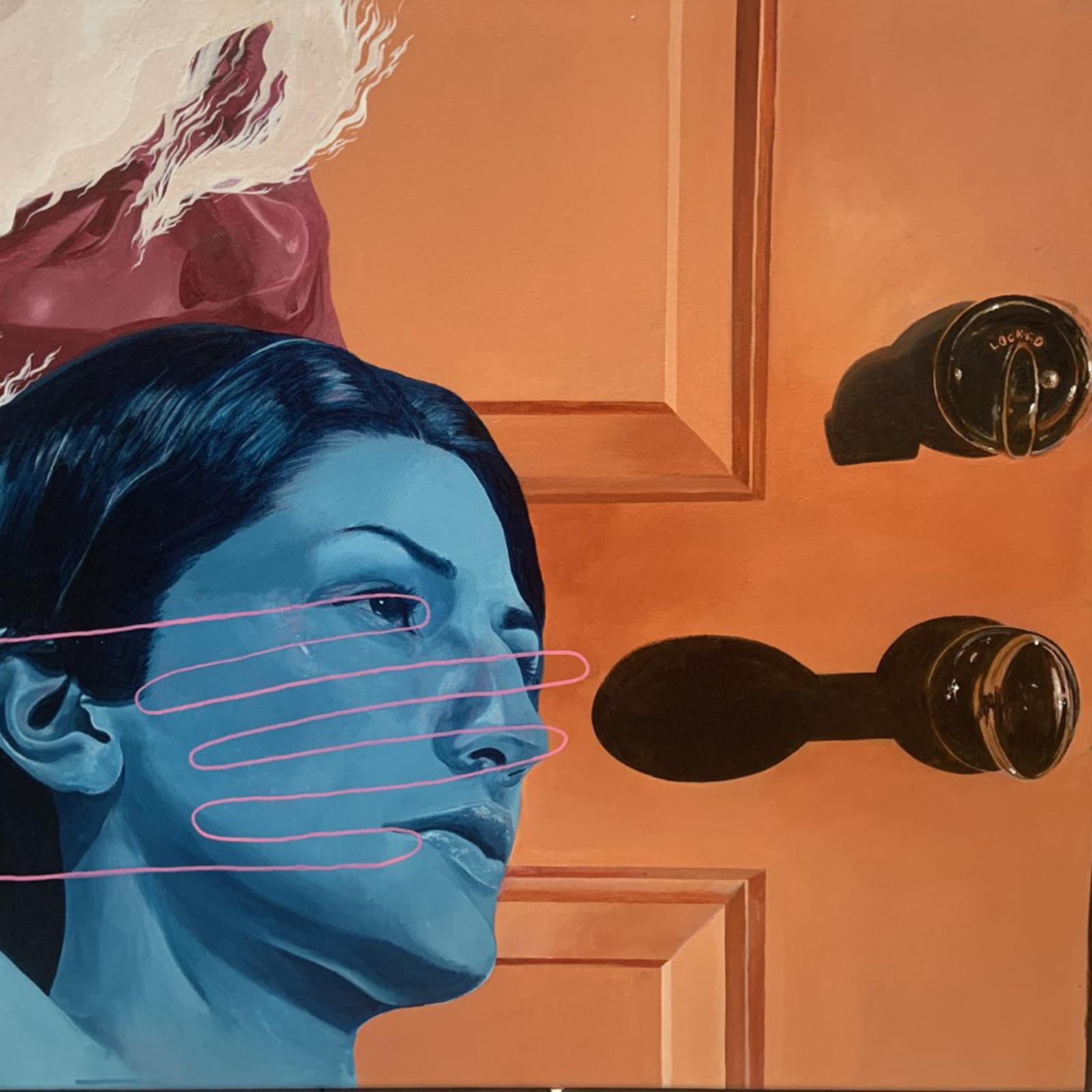 Abstract artwork with an orange door and a blue hued female