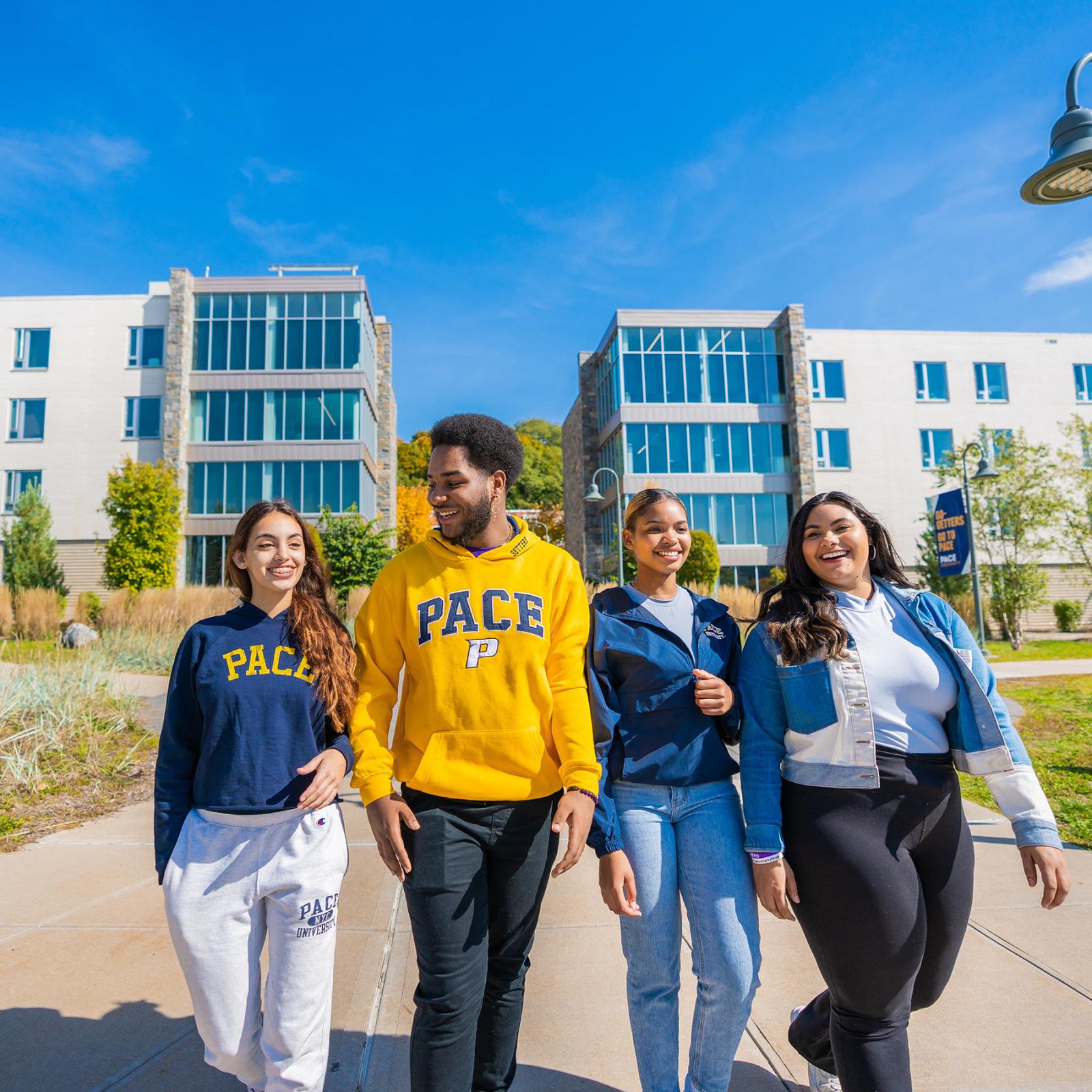 Groups of Pace students walking around the Pleasantville campus.