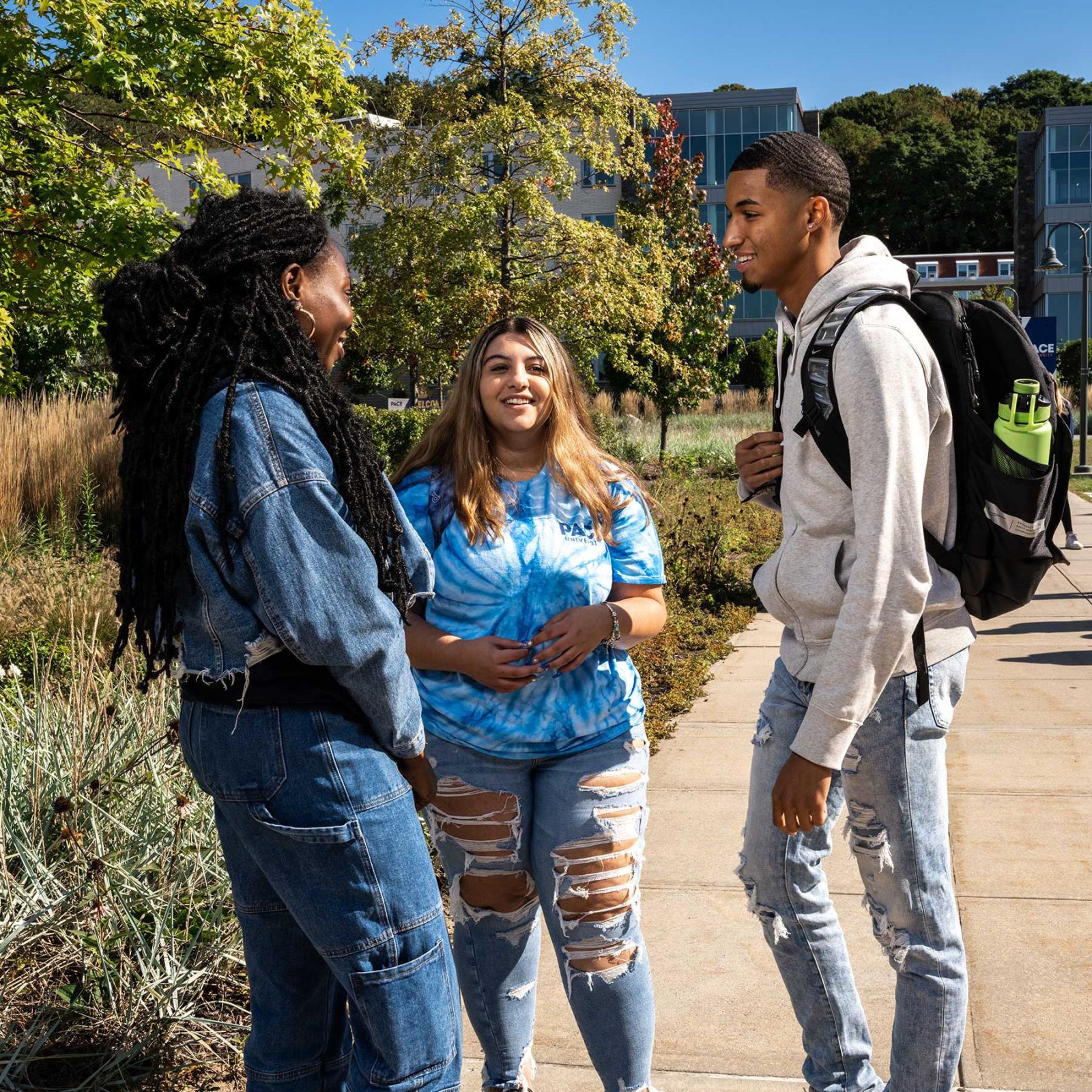 Students talking on Pace University Westchester Campus