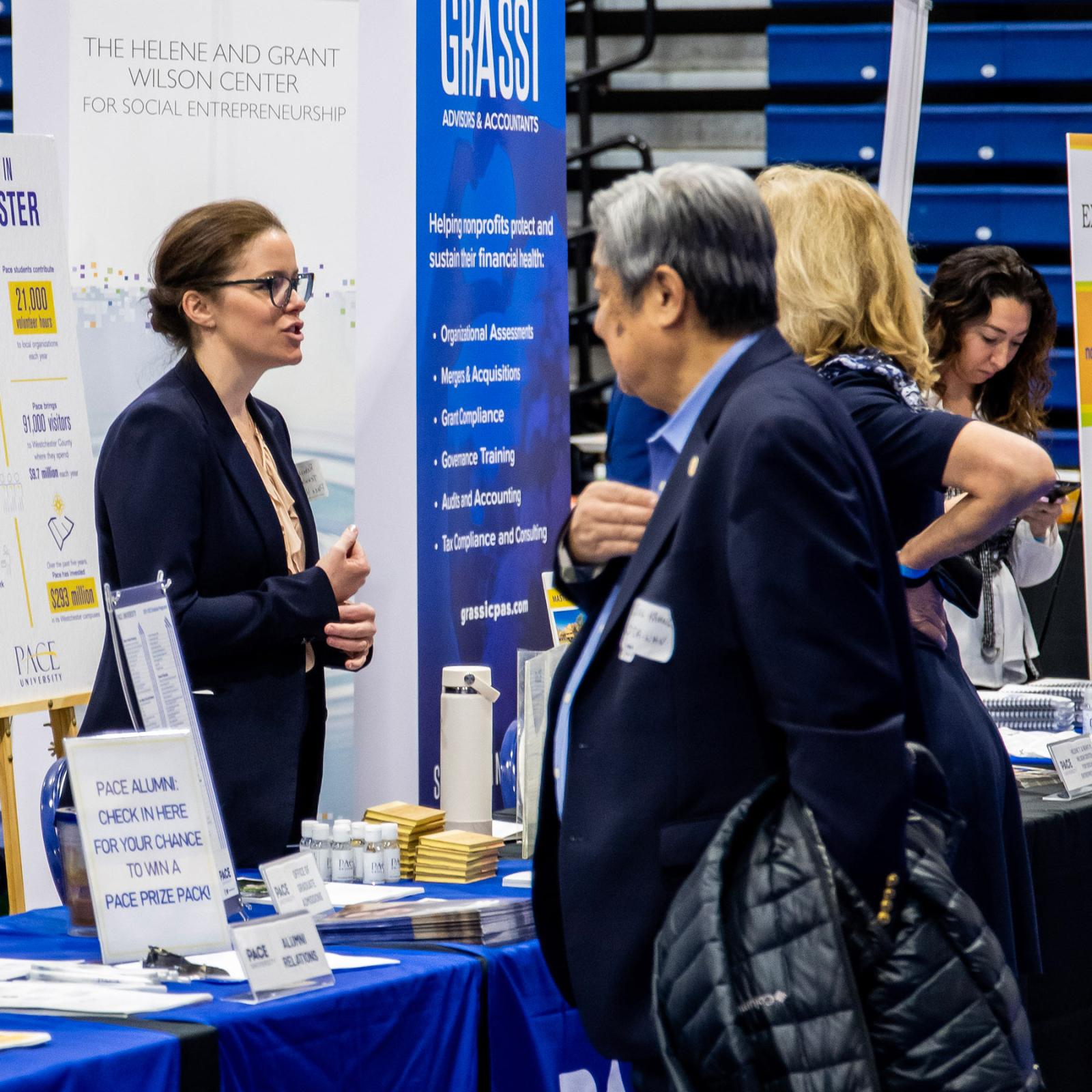 Rebecca Tekula speaking at career fair on the Pace University campus in Pleasantville, NY.