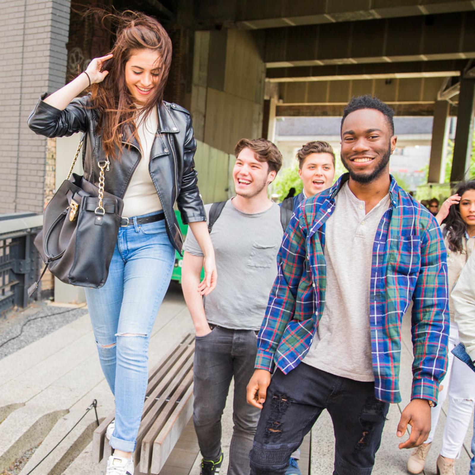 Group of Pace University students walking in New York City.