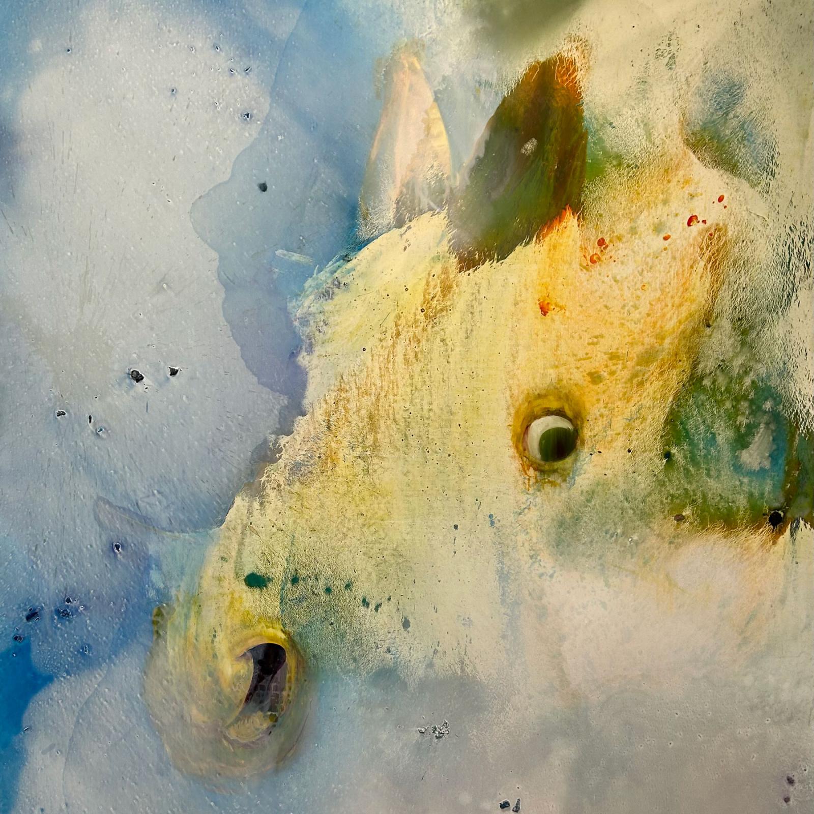 Abstract art with blue and gold called Peripheral Vision by Pace University art faculty Barbara Friedman