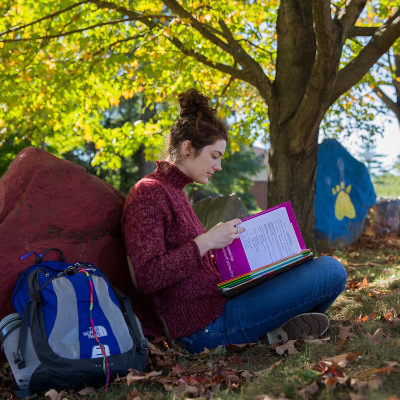 A young woman sitting outside under a tree reading on Pace University campus in Pleasantville.