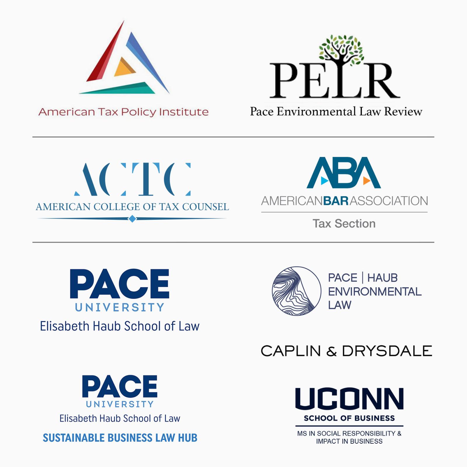 logos for American Tax Policy Institute, Elisabeth Haub School of Law at Pace University, American College of Tax Counsel, ABA Tax section, Pace | Haub Environmental Law, Pace Environmental Law Review, Sustainable Business Law Hub, and Caplin & Drysdale, UConn School of Business Masters of Science in Social Responsibility & Impact in Business