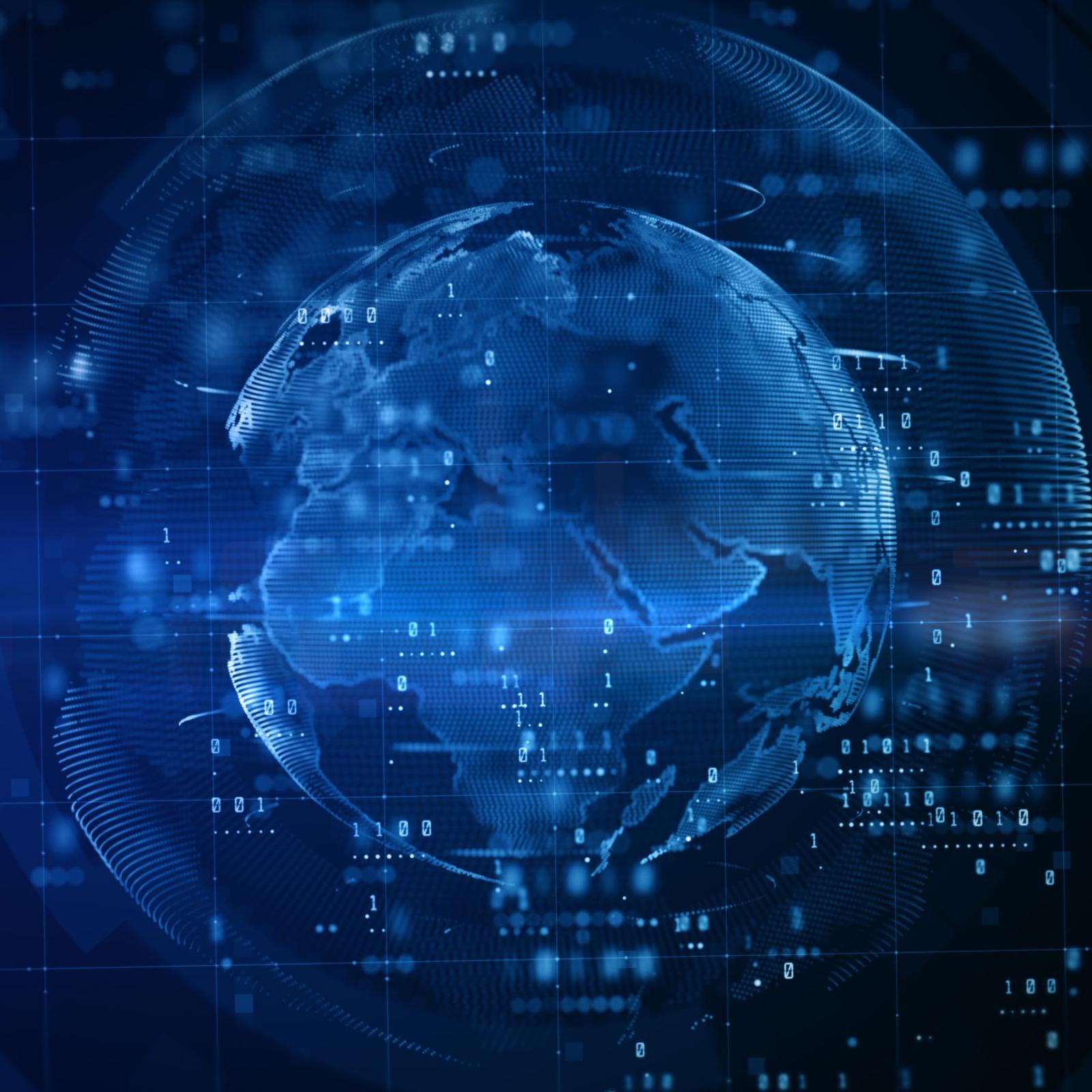 Planet Earth in front of a dark cyber background.