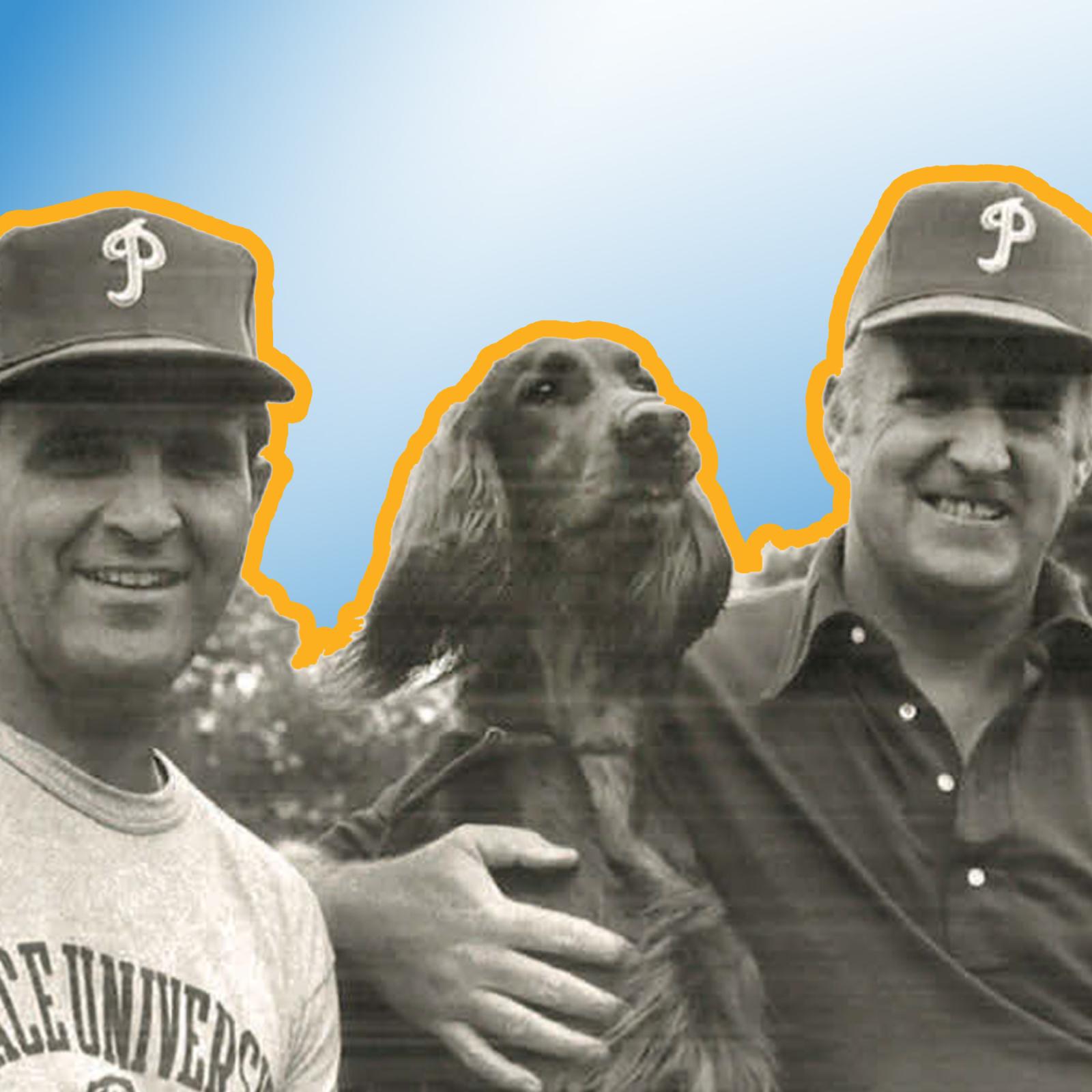 Vintage image of Pace football coaches with an Irish Setter dog.