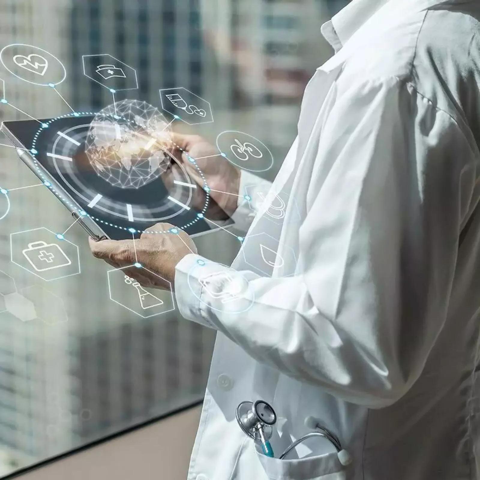 Pace University student looking at a tablet.