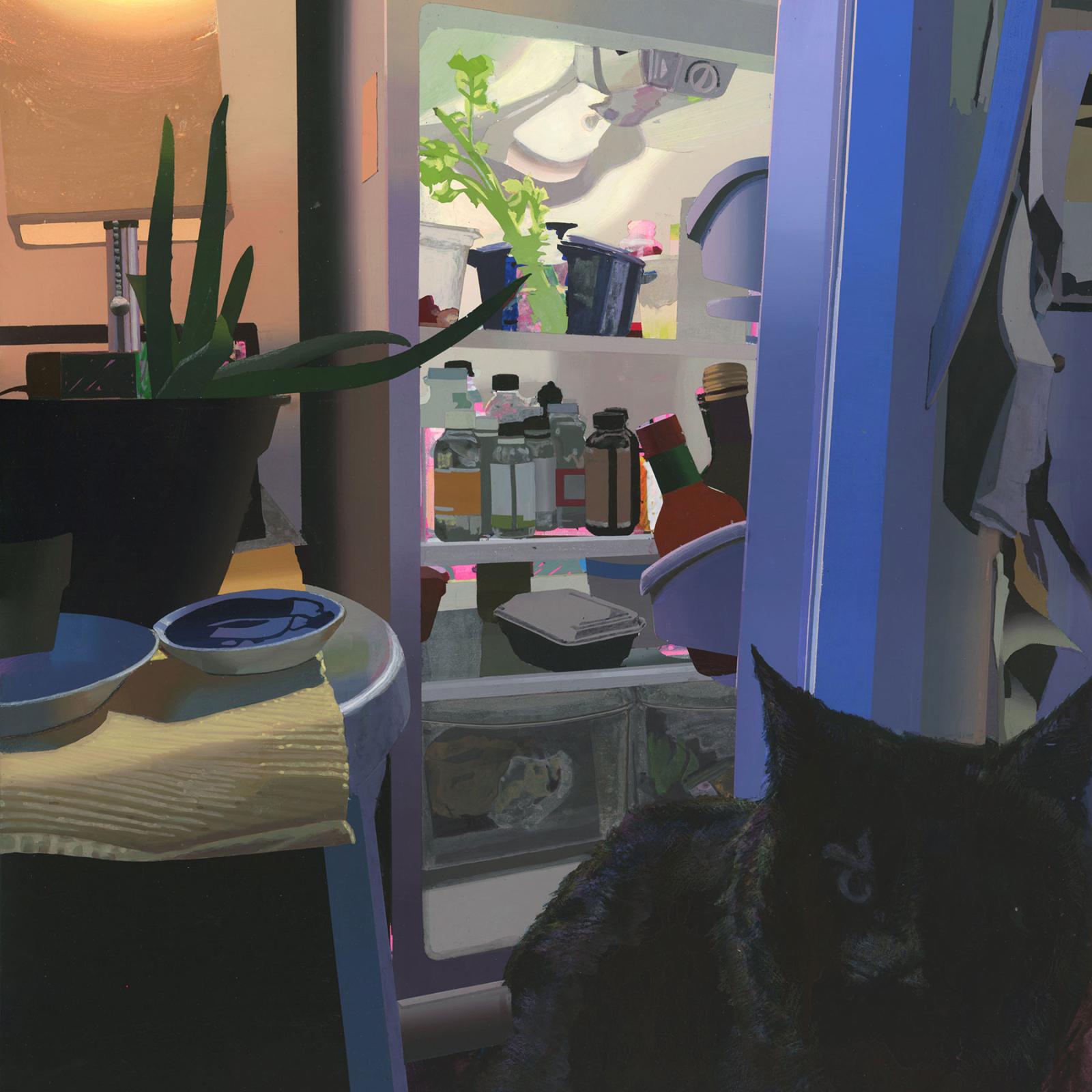 Artwork showing an opened refigerator and a cat in the foreground by Siobhan McBride on view in the Pace University Art Gallery's Summer Remembers Winter exhibition