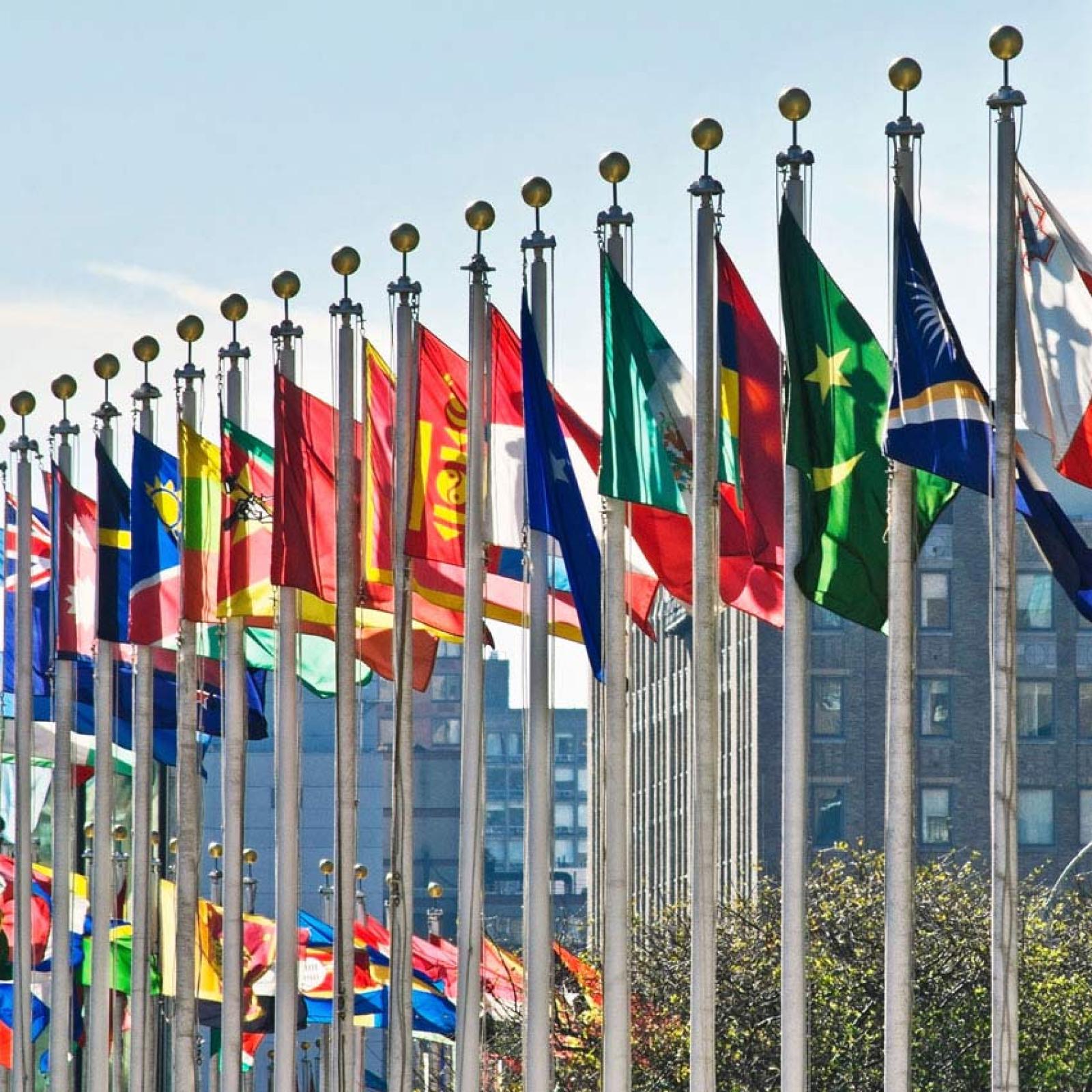 A row of flags representing different nations.
