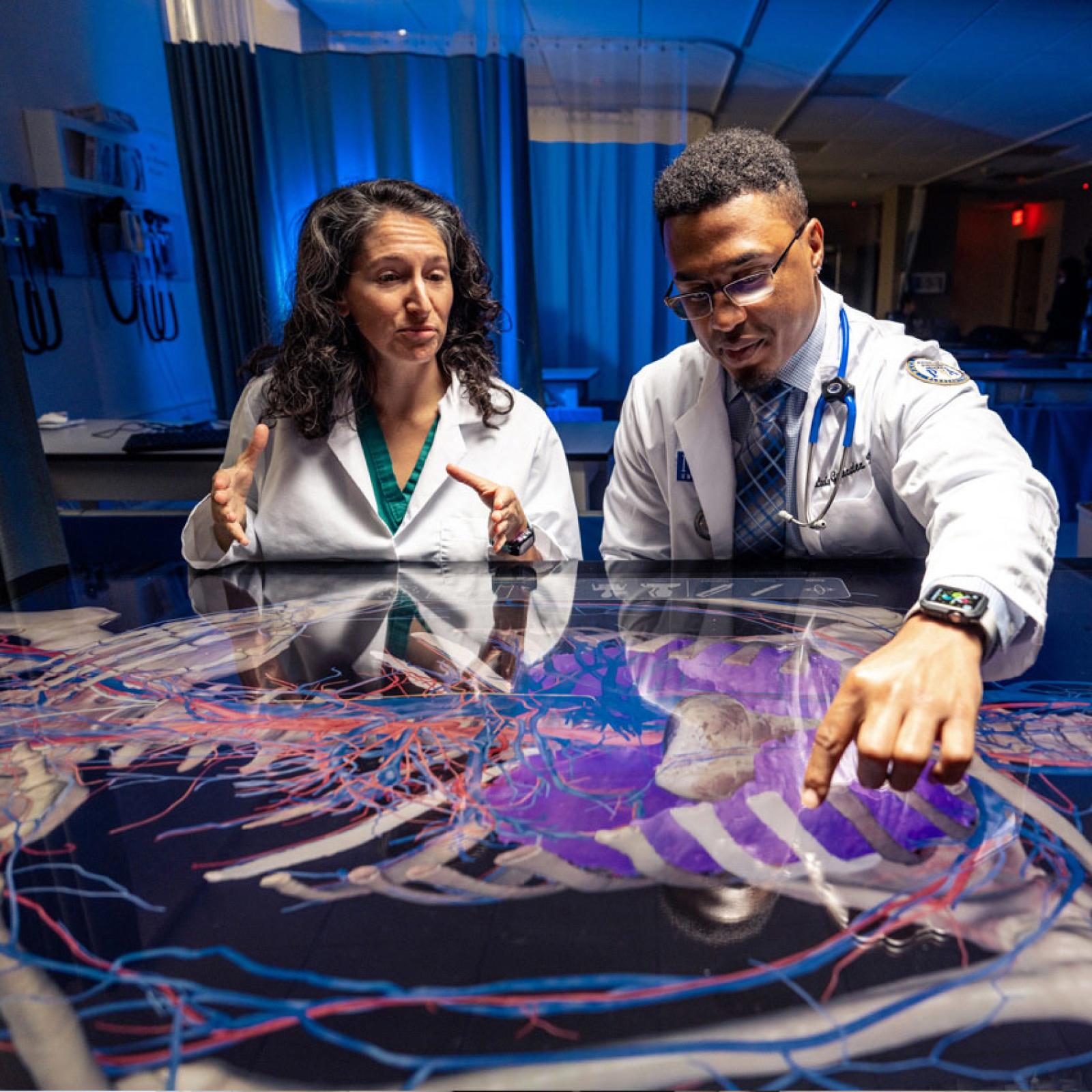 A PA student and faculty member working together at the SECTRA table at Pace University's College of Health Professions.