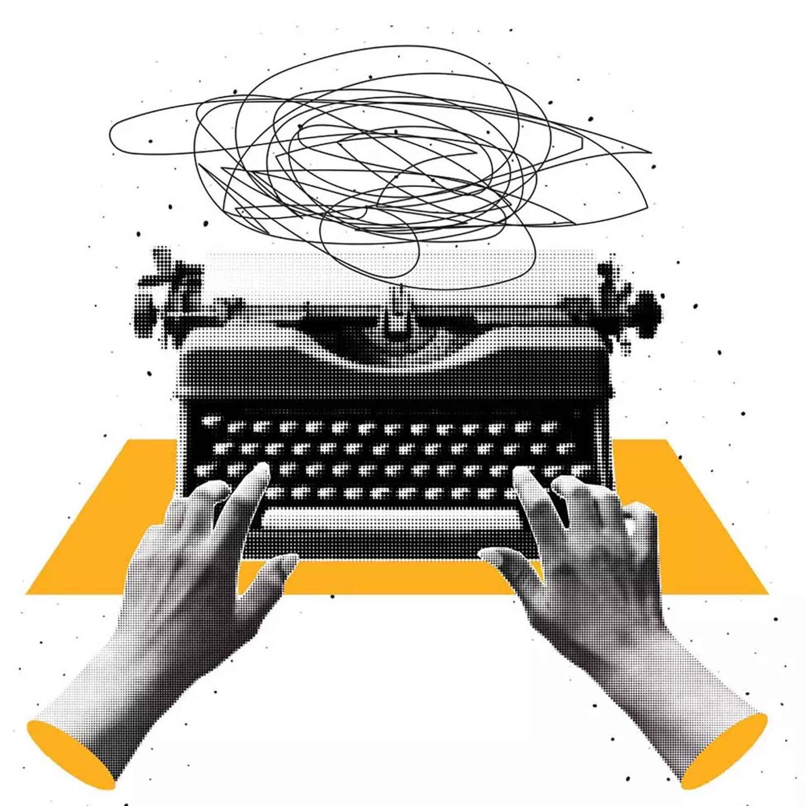 a graphic of two hands typing on a typewriter.