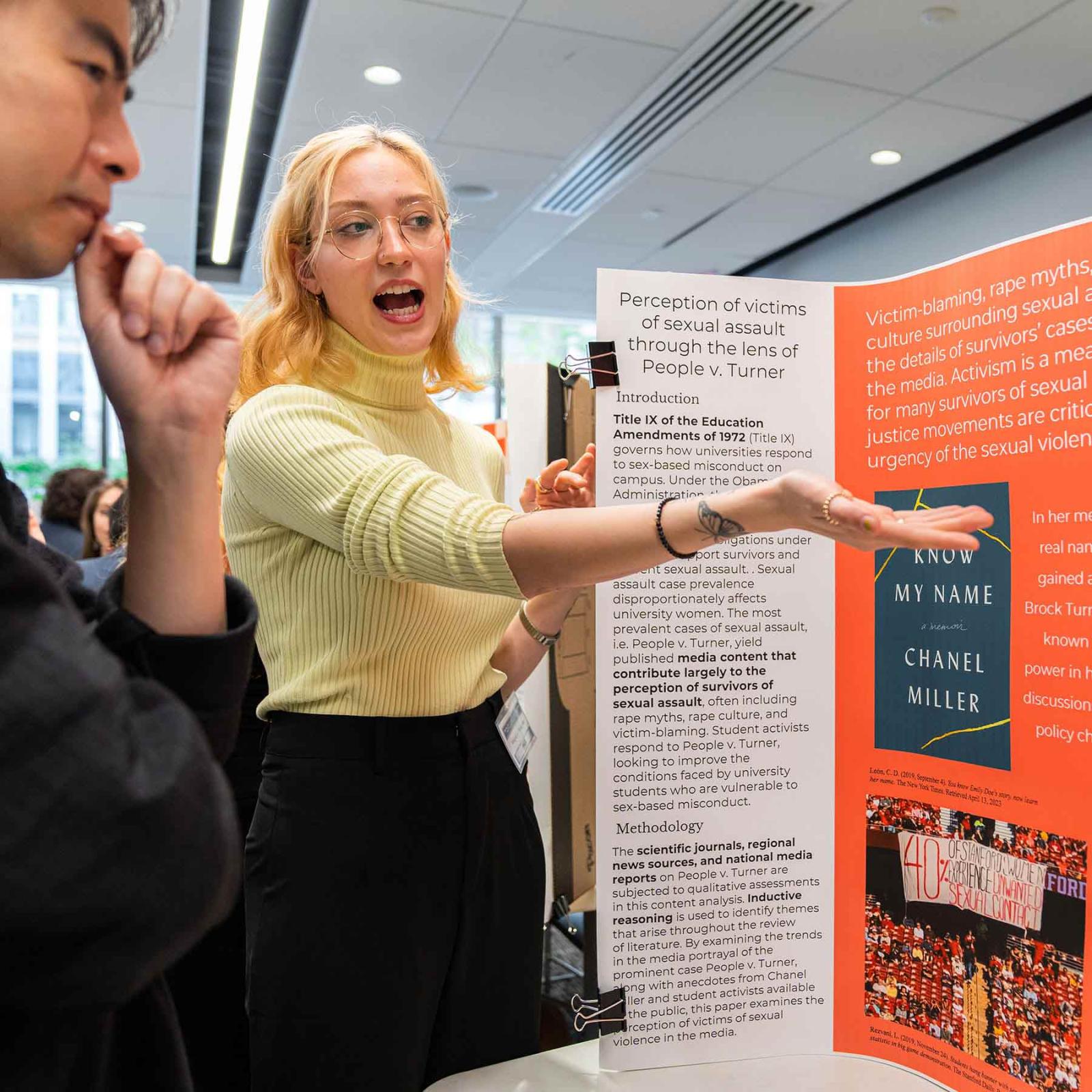 Pace University student presenting research about sexual assault