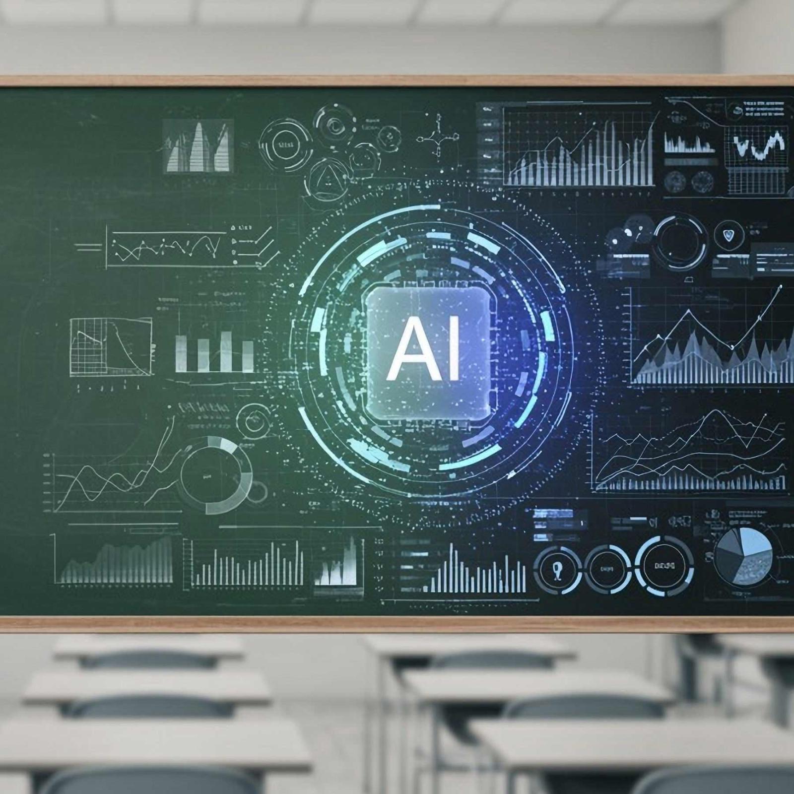 The word AI is surrounded by tech symbols on a chalkboard