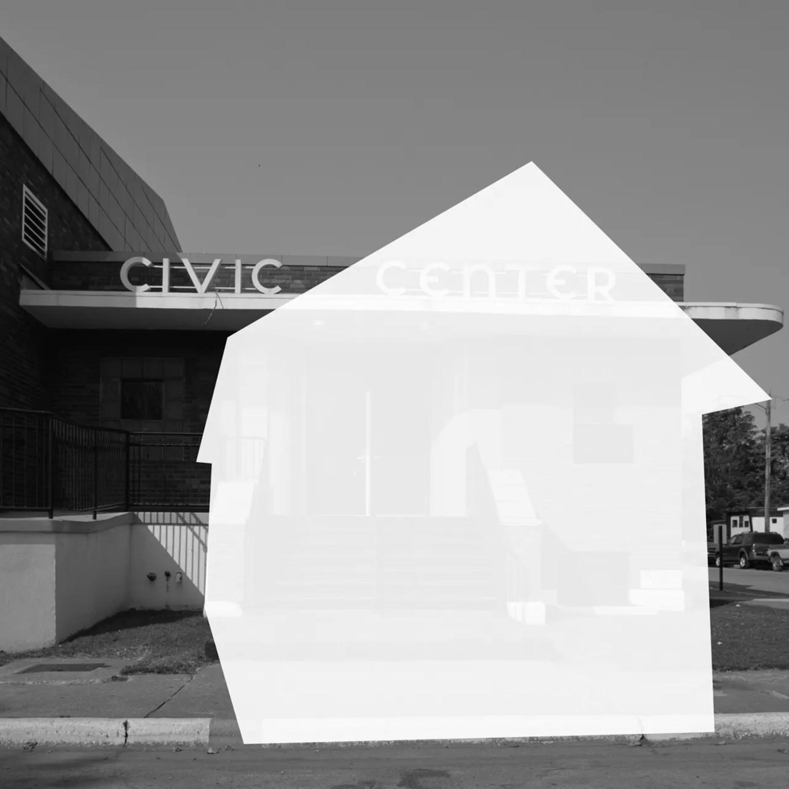 Monochromatic photo of a civic center overlayed with a white house shape