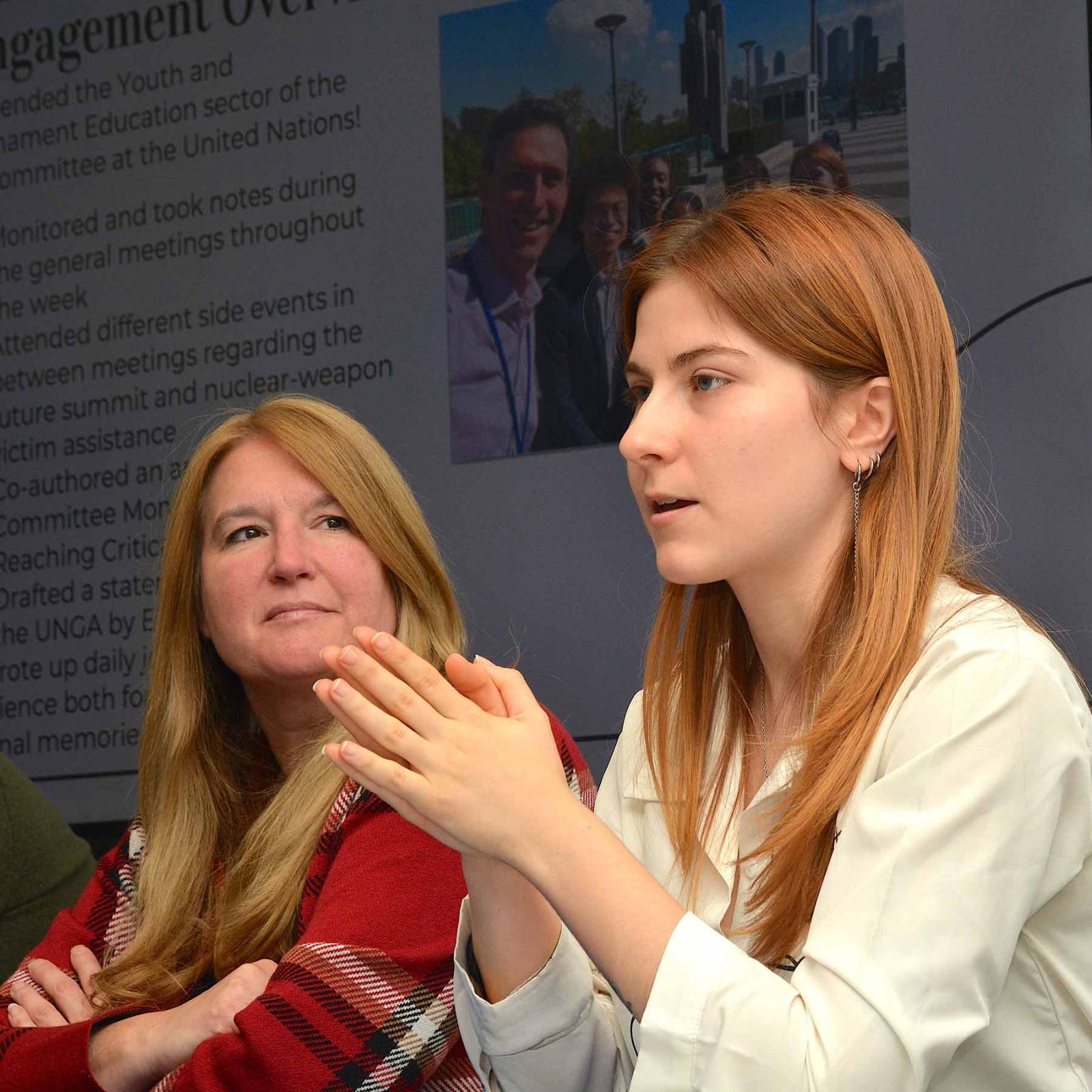 Pace University student speaking at a panel on civic engagement