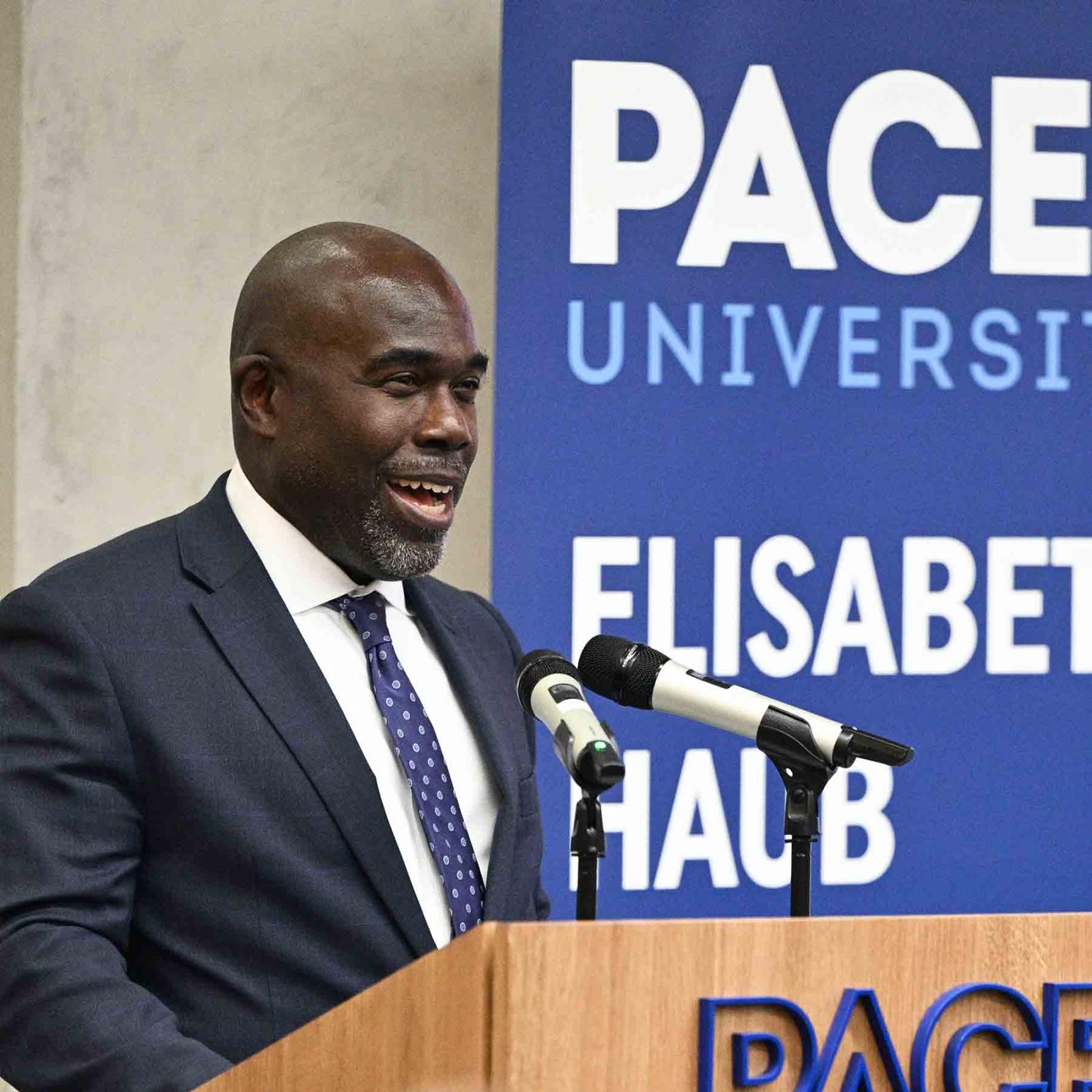 Elisabeth Haub School of Law Dean Horace Anderson at podium