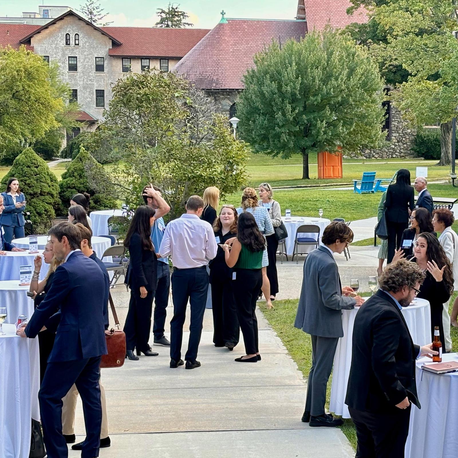 Outdoor cocktail reception at the Elisabeth Haub School of Law at Pace University 