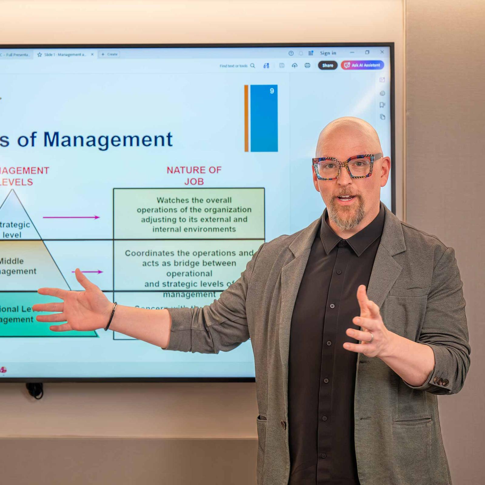 Pace University Lubin School of Business professor presenting a slide on Marketing levels