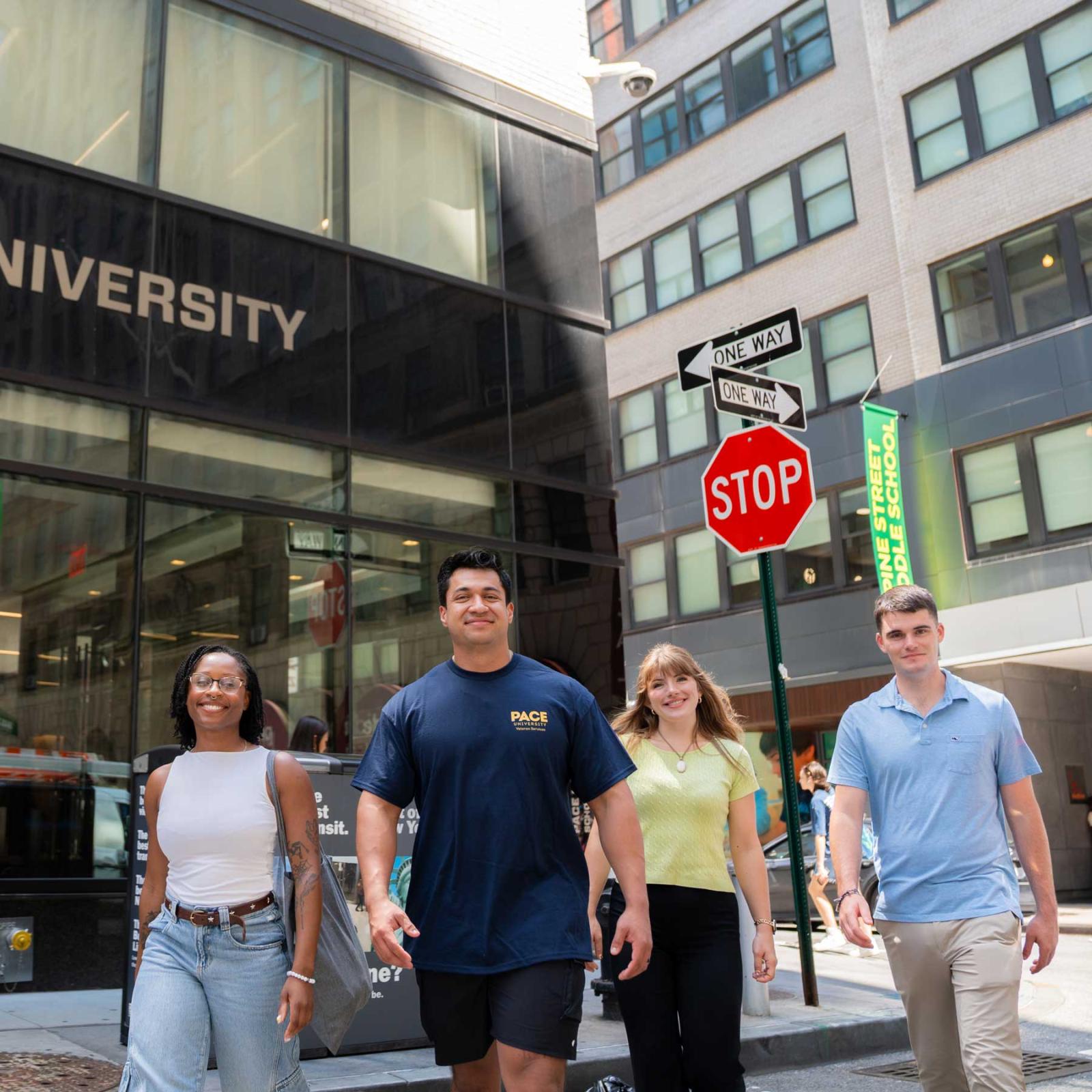 Group of Pace University student veterans walking in NYC.