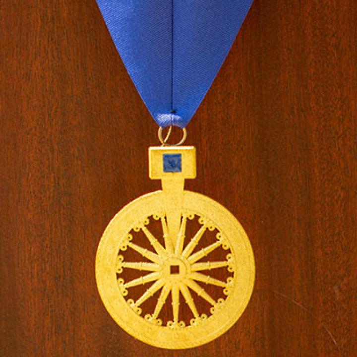 Gold medal with blue ribbon and brown background